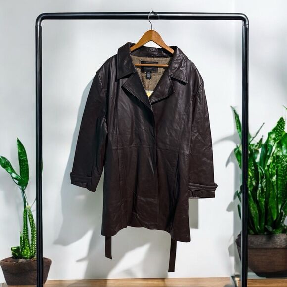 Centigrade Leather Coat Women’s 3X Brown Long Trench Jacket Belted Plus NWT - Picture 1 of 4